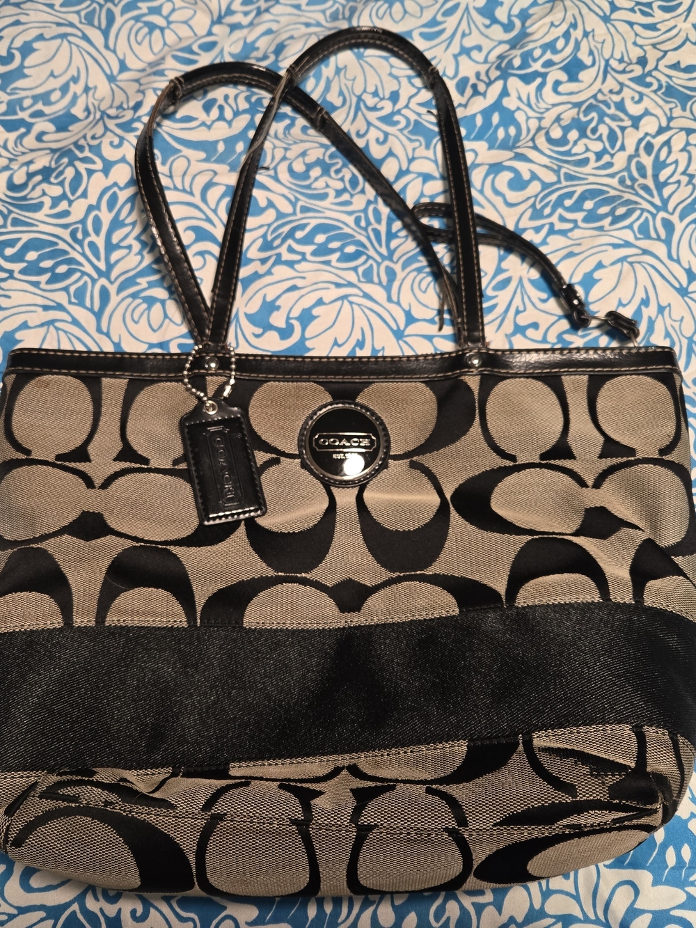 Coach Black and Tan Signature Tote with Leather Trim